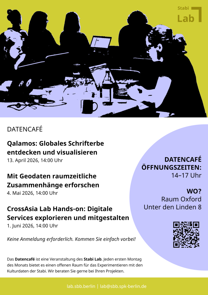 Poster der Veranstaltungen des Datencafé des Stabi Lab für April, Mai und Juni 2026.